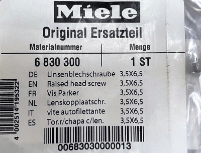 Miele Oven Raised Head Screw 3.5x6.5 6830300